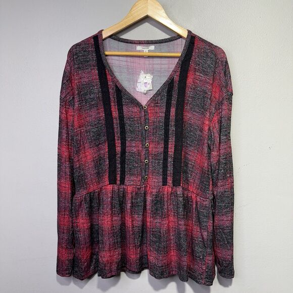 Maurices Plaid Button-Front Peplum Top Women’s Size XXL Red Black & Purple - Picture 5 of 11